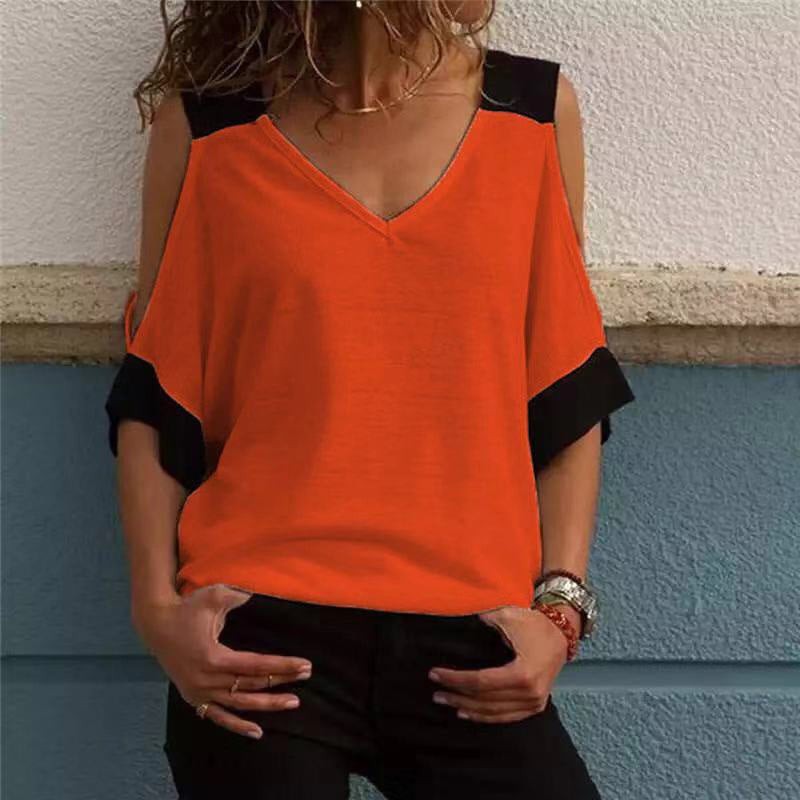 Kontrasterande off-shoulder v-ringad blus