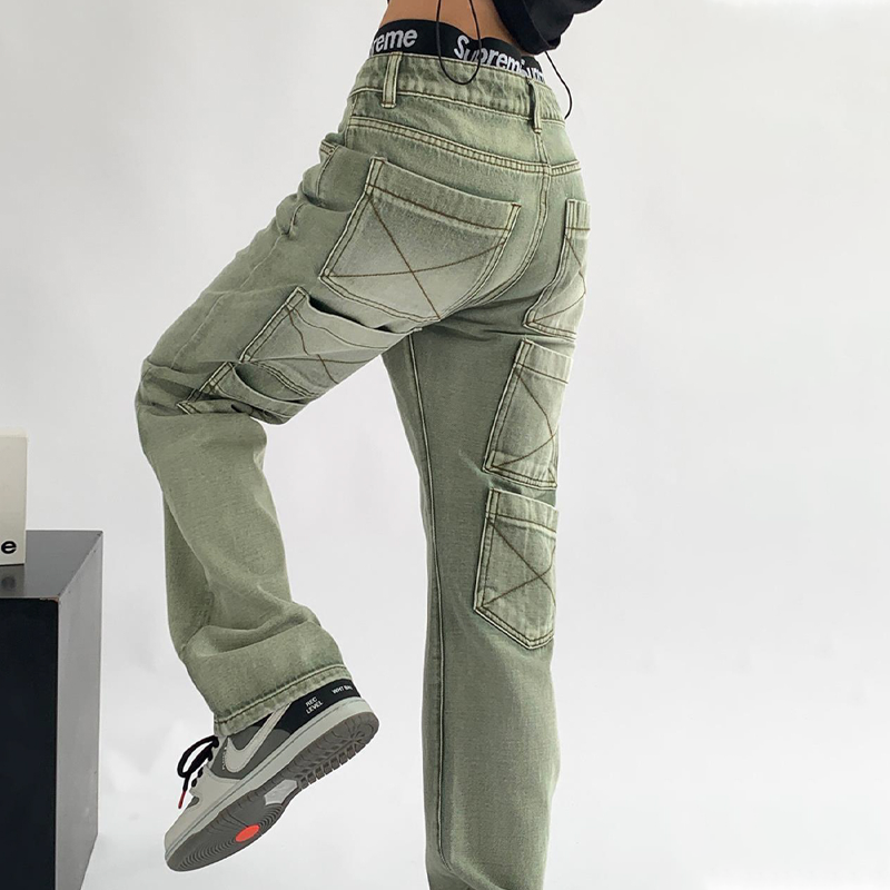 High Waist Pocket Straight Jeans