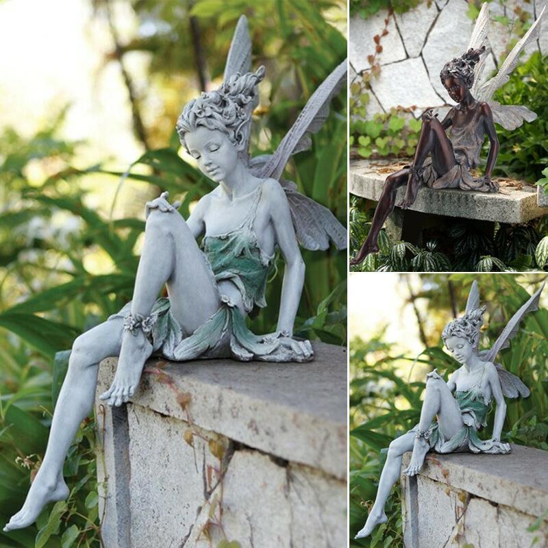 Sittande Älva skulptur | trädgårdsdekoration